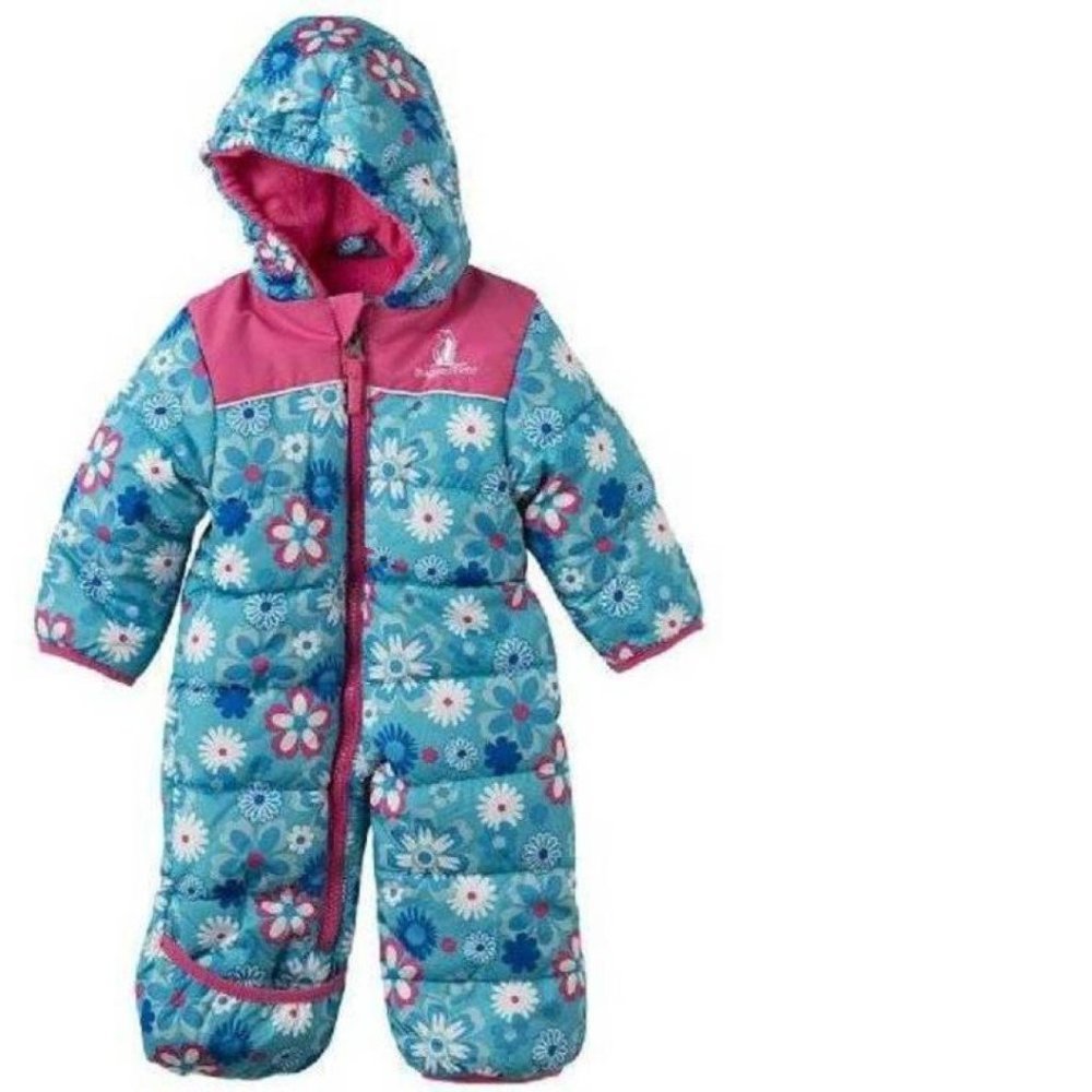 Girls Winter Snowsuit 3/6 months Blue Floral 1 Pc Hooded Snow Zip Rugged Bear